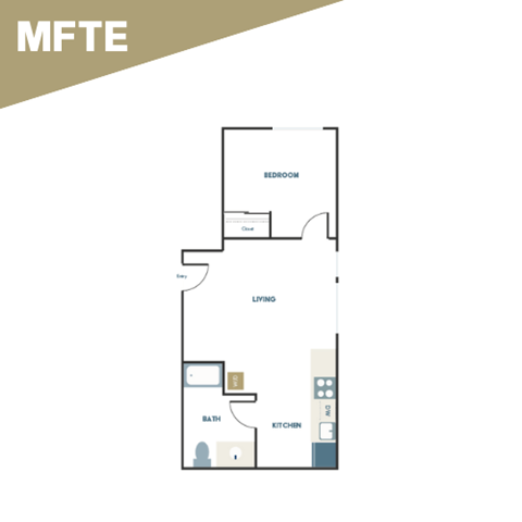 A floor plan of a one bedroom apartment with a living room, kitchen, and bathroom.